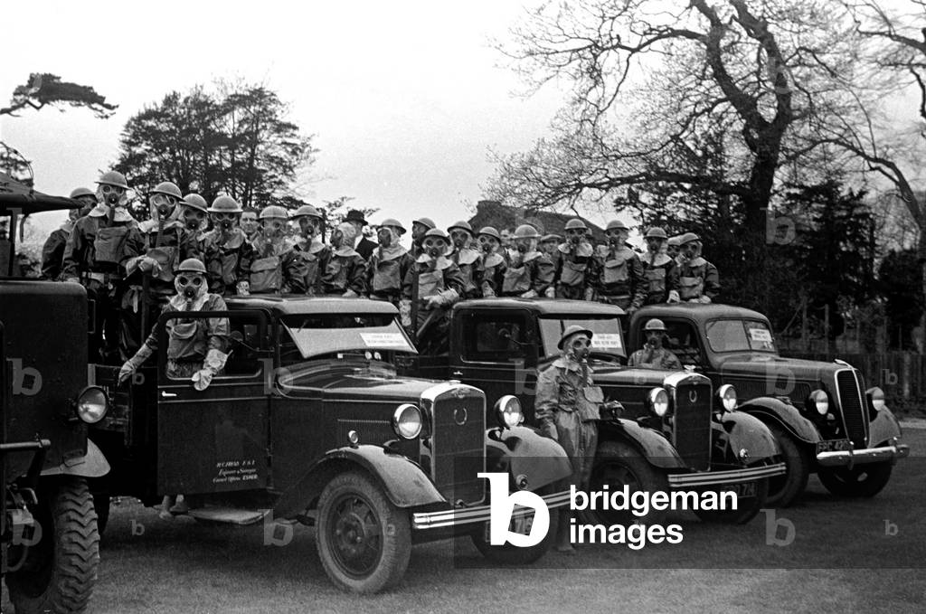 Esher ARP in their gas masks ahead of the outbreak of the Second World War.
April 1939