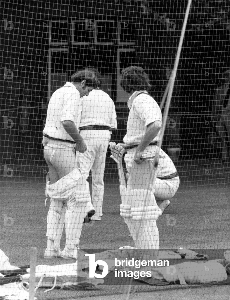 Australian batsmen Rick McCosker making a few vital adjustments in the nets at Lords before the Cricket World Cup, May 1975 (b/w photo)