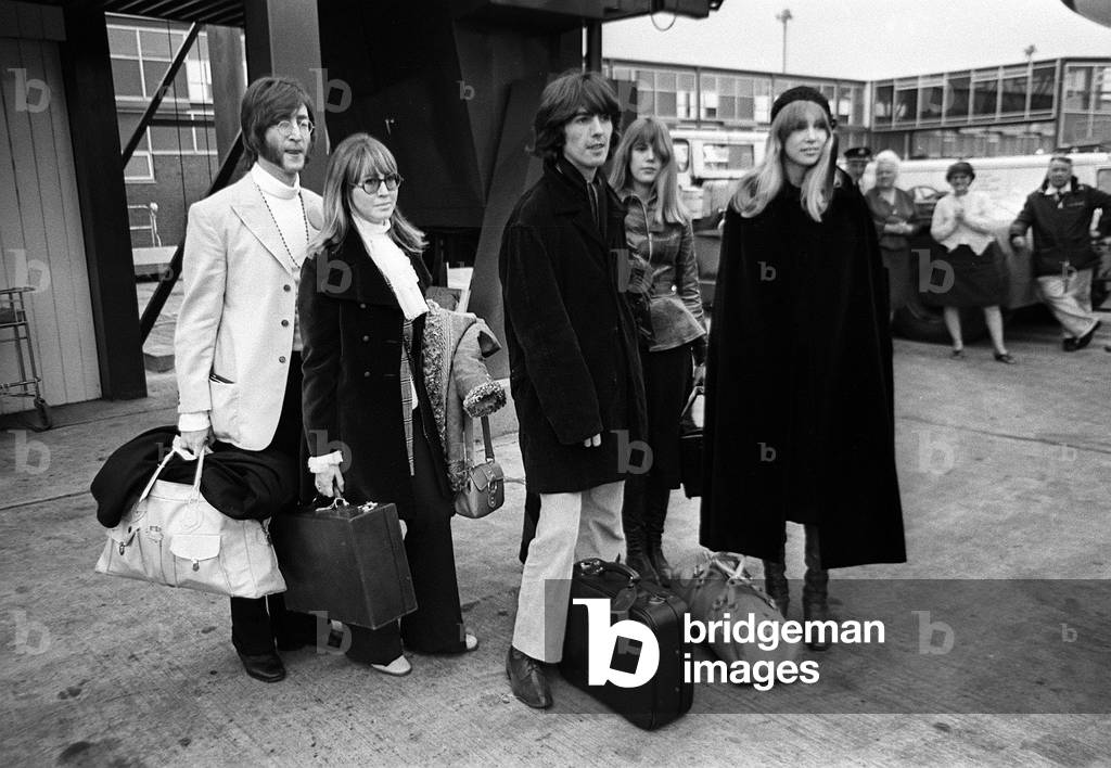 John Lennon and Cynthia Lennon and George Harrison off to India, Feb 1968 (b/w photo)