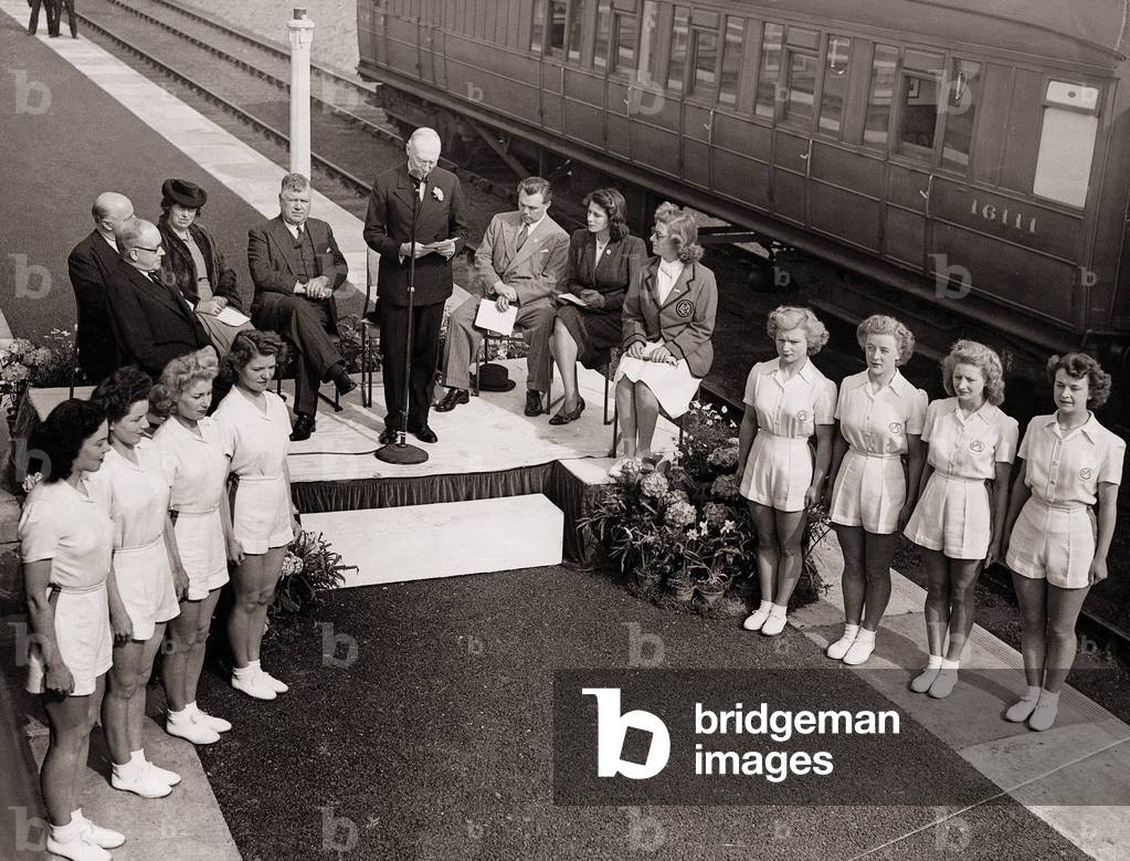 Opening of Holiday Camp Station. Lord Middleton speaking at the opening of railway of this station. Guard of Honour of Butlins Eight LNER v Butlins Ltd, 12th May 1947 (b/w photo)