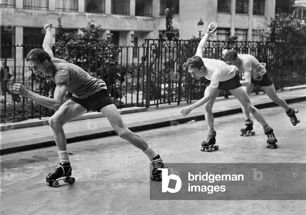 Roller skating trials. Trials took place at Tower Hill to select the English team - in the World Roller Skating Championships, at Finale, Genoa, Italy, in September. Wright, of Doncaster, winning a trial race from L. Woodley, of Birmingham, and D. Kelly, of Birmingham, August 1958
