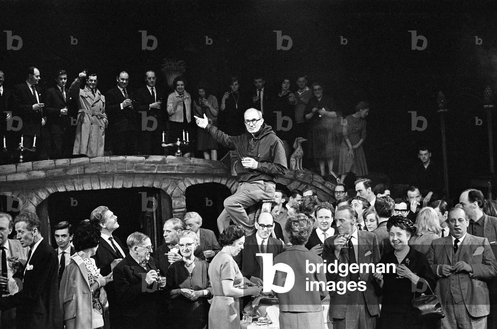 Fourth birthday celebrations for The Mermaid Theatre, built by the actor Sir Bernard Miles in 1959, 28th May 1963 (b/w photo)