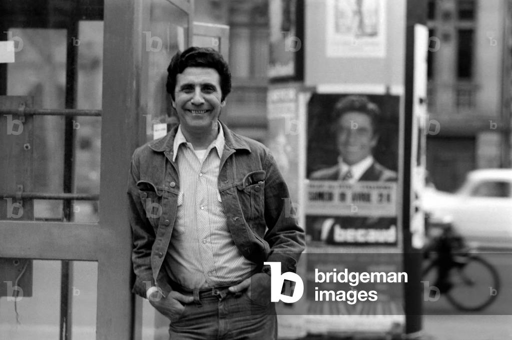 French star singer Gilbert Becaud in Strasbourg, France, April 1975 (b/w photo)