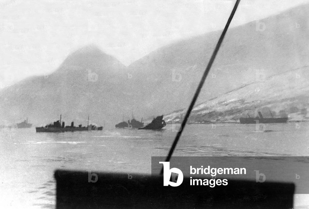 British Royal Navy ships HMS Cossack and HMS Forester (left) with a German transport ship sunk during an attack by the Second Destroyer flotilla at the Battle of Narvik in Norway during the Second World War 
 April 1940