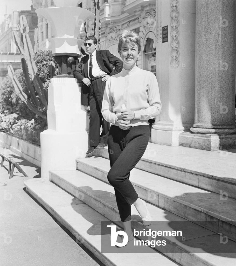 American film star and singer Doris Day photographed at the Cannes Film festival. 9th May 1955 (b/w photo)