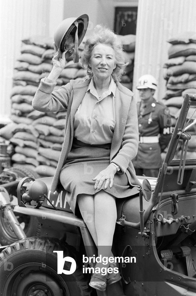Dame Vera Lynn will appear at the Lyceum in 'Stage Door Canteen' to celebrate the 40th Anniversary of D Day. The front is sandbagged and Vera was wearing World War Two uniform for the photocall. 3rd June 1984 (b/w photo)