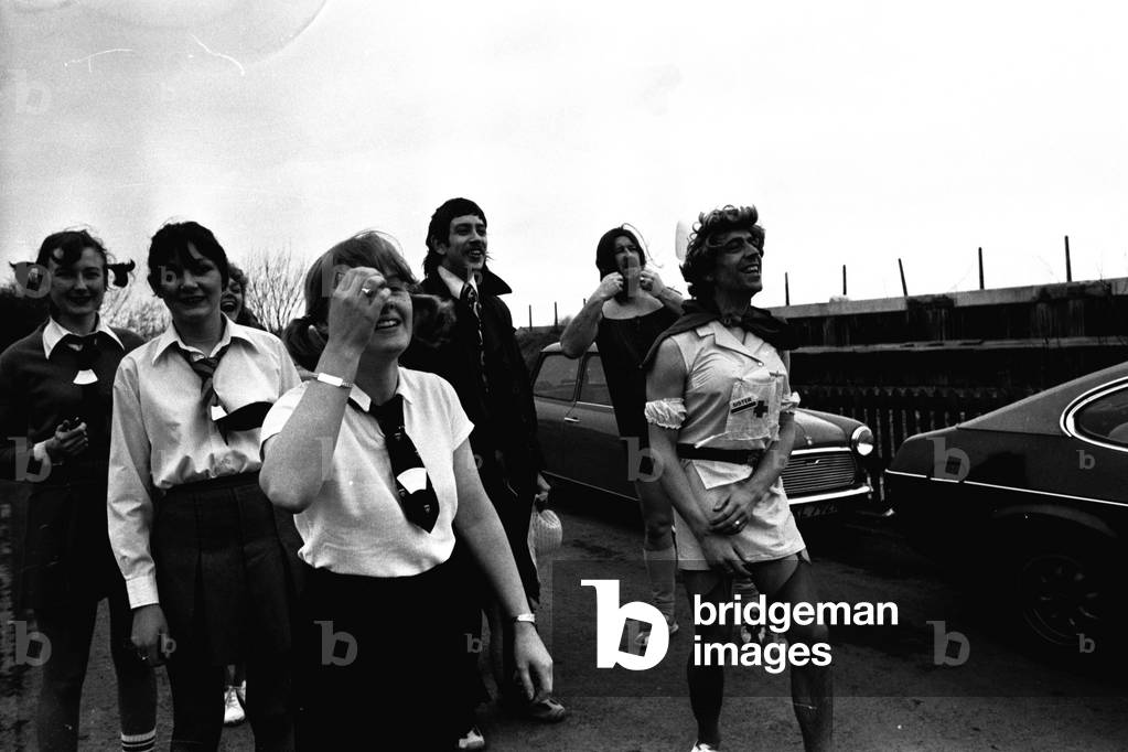 Staff from Northumbrian Water's offices at Gosforth, Newcastle. raised £113 for the Evening Chronicle cervical cancer appeal by holding a fancy dress Shrove Tuesday Pancake race 27 February 1979 (b/w photo)