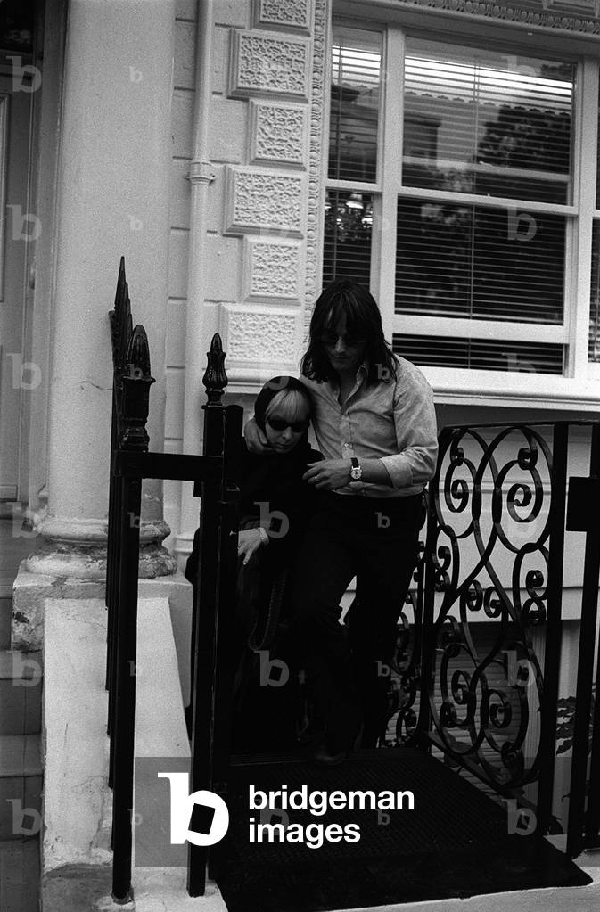 Monika Bannemann, West German Skater aged 32, girlfriend of Jimi Hendrix leaves flat in Landsdown Crescent Notting Hill after his death, September 1970 (b/w photo)