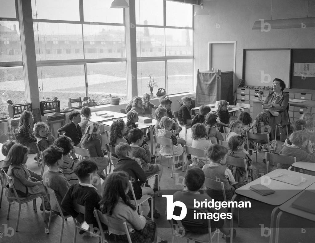 Schoolchildren in a school classroom at Susan Lawrence school. April 1951