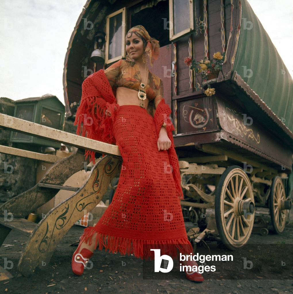 Model Liz Wiloughby wearing a hand crocheted skirt and fringe shawl
Gipsy with Romany Caravan
December 1969