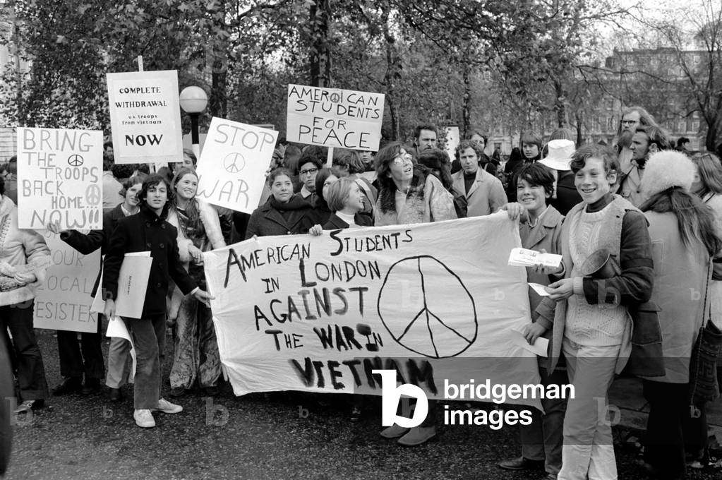 Extra police were on duty in case of trouble during today's anti-vietnam war demonstration outside the American Embassy in Grosvonor Square 
Cards bearing the names of American dead in Vietnam were dropped into a coffin outside the U.S. Embassy. Demonstrators walk past the coffin dropping into it names of the war dead in Vietnam. 
November 1969