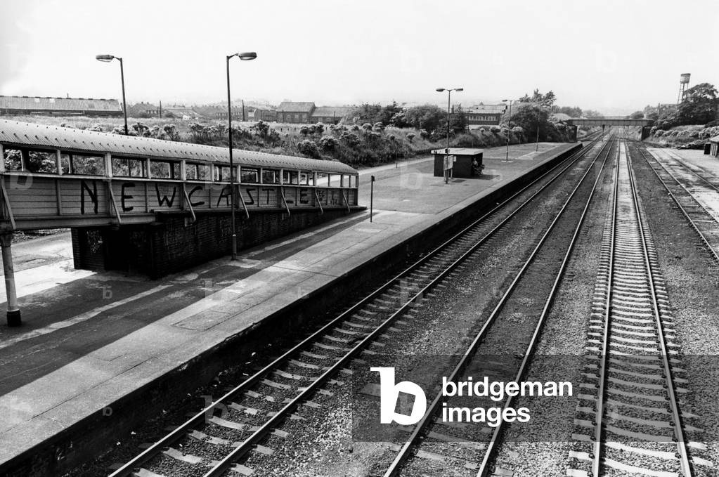 A general view of the graffiti covered Pelaw Railway Station on 30th June 1976 (b/w photo)