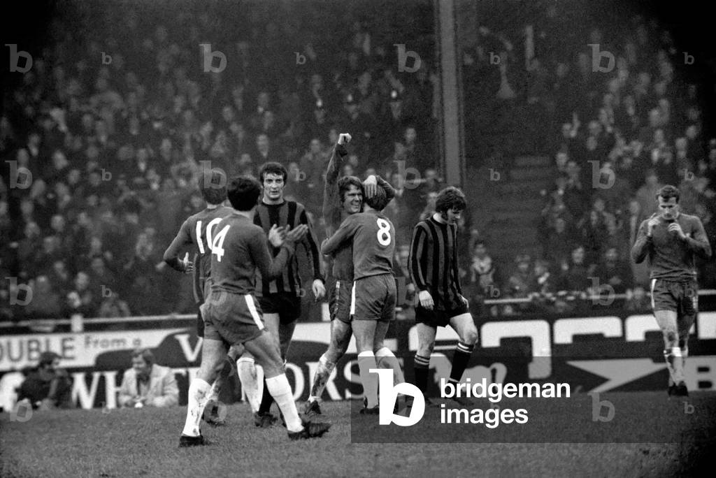 English Leaque Division One Football 1969/70 Season Chelsea v Manchester City. The final score was a three one victory to Chelsea. The man with plenty to smile about is Chelsea's fullback David Webb who scored two goals in Chelsea's 3-1 win. The man looking not so happy (centre) is City's Neil Young. December 1969 (photo)
