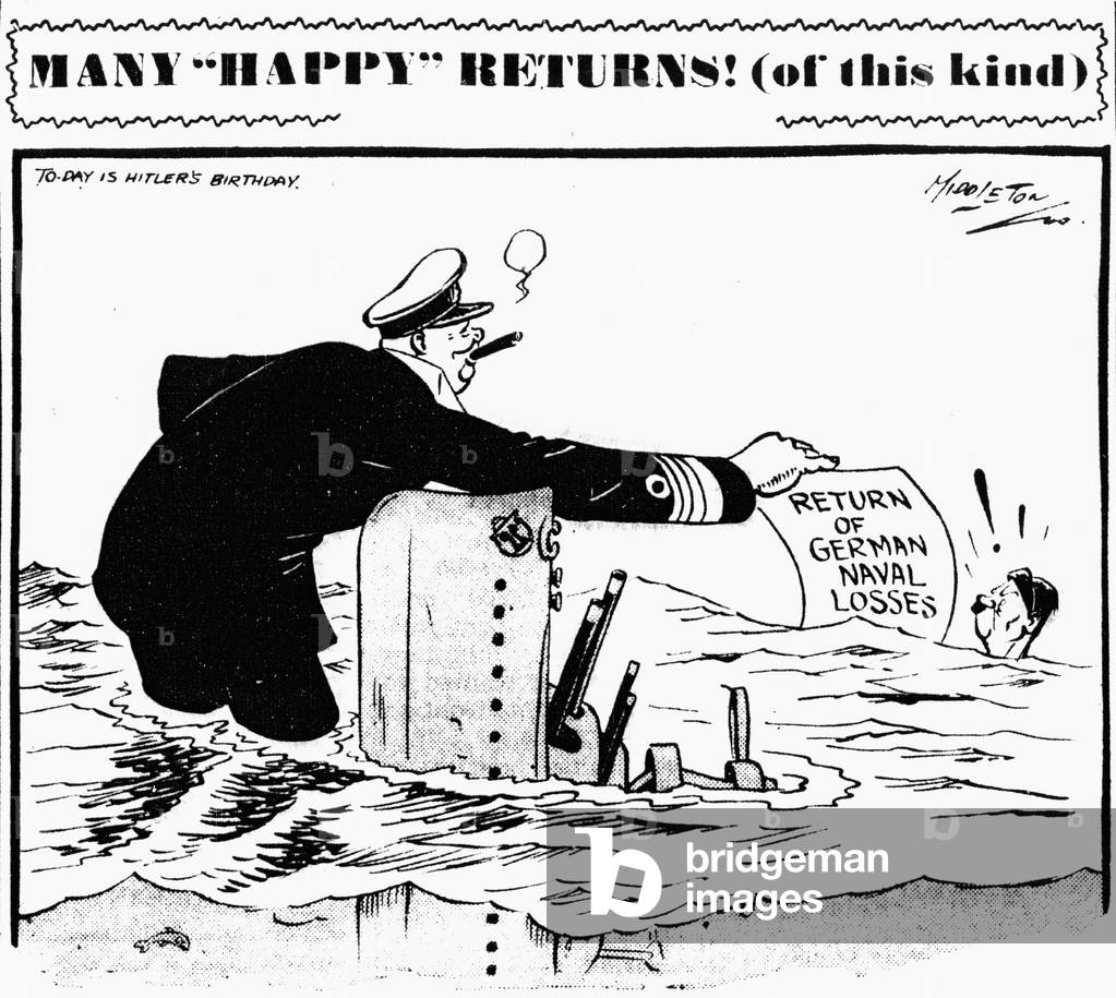 Middleton Birmingham Gazette cartoon: Many Happy Returns! (of this kind). Today is Hitler's birthday. Saturday 20th April 1940 (b/w photo)