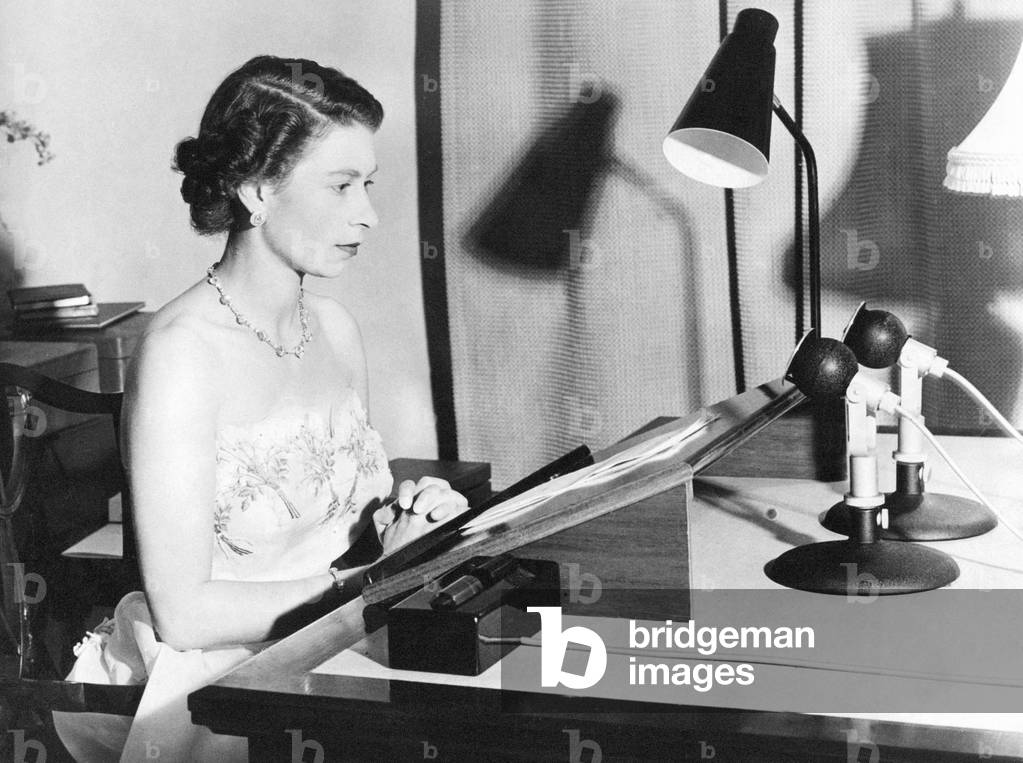 Queen Elizabeth II making her Christmas Day broadcast from Government House, Auckland, New Zealand