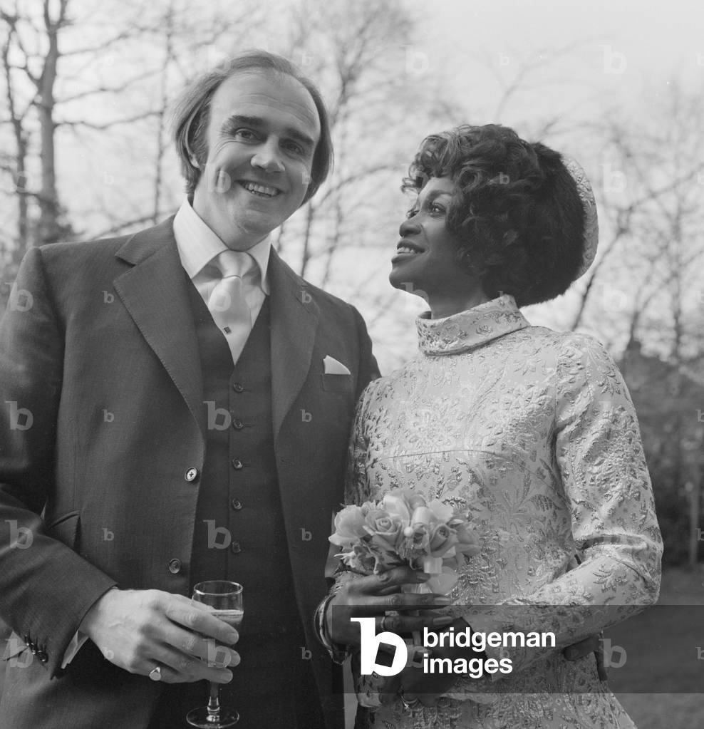Singer Selena Jones seen here on her wedding day to 33 year old Pat Rogers at Southampton Registry Office, January 29th 1974 (b/w photo)