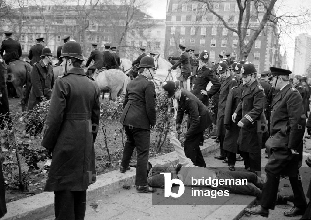 A demonstration in Trafalgar Square against US involvement in the Vietnam War. 
March 1968