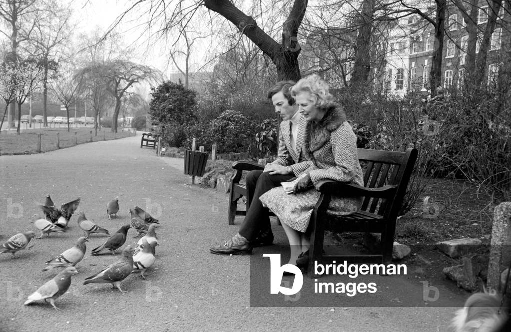 Mrs. Margaret Thatcher and son Mark, February 1975 (b/w photo)