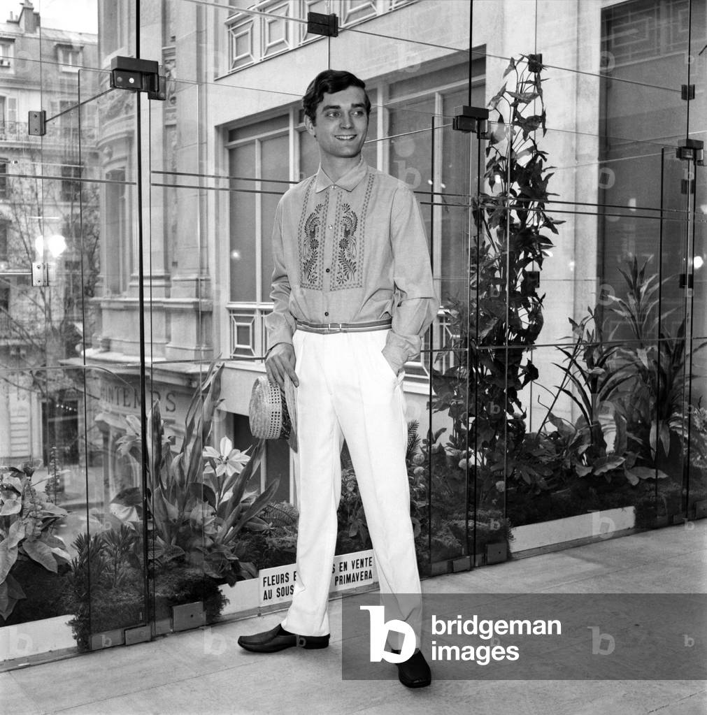 Men modelling the latest 1963 menswear design's in the streets of Paris, April 1963 (b/w photo)