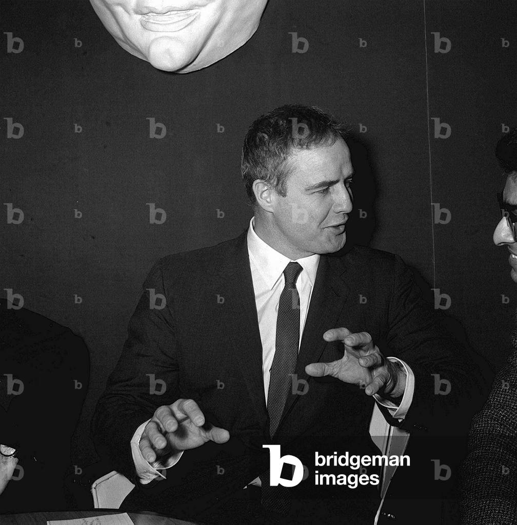 Actor Marlon Brando at a press conference 1964 (b/w photo)