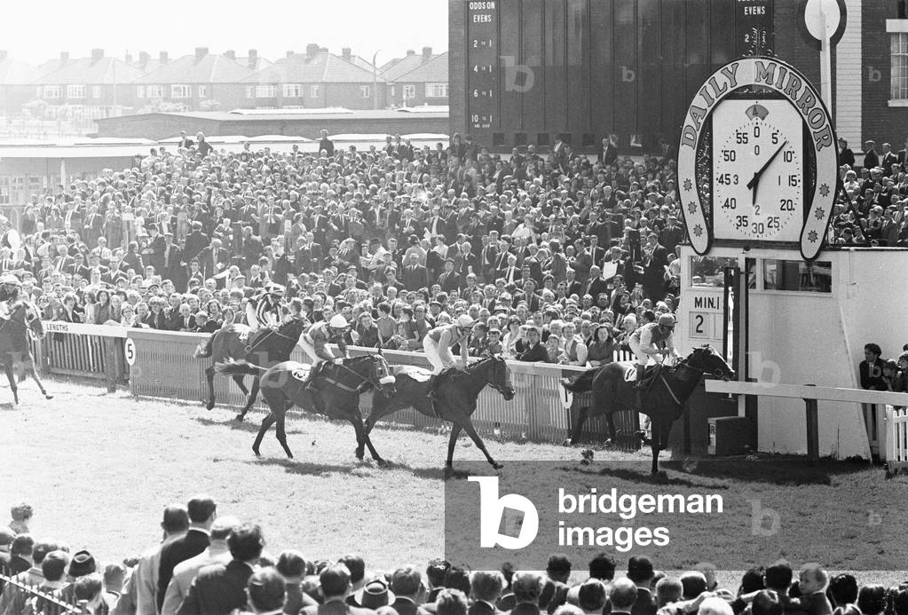 Song of the Sea ridden by Willie Carson crossing the line to win the 1971 Andy Capp Handicap. 19th June 1971 (b/w photo)