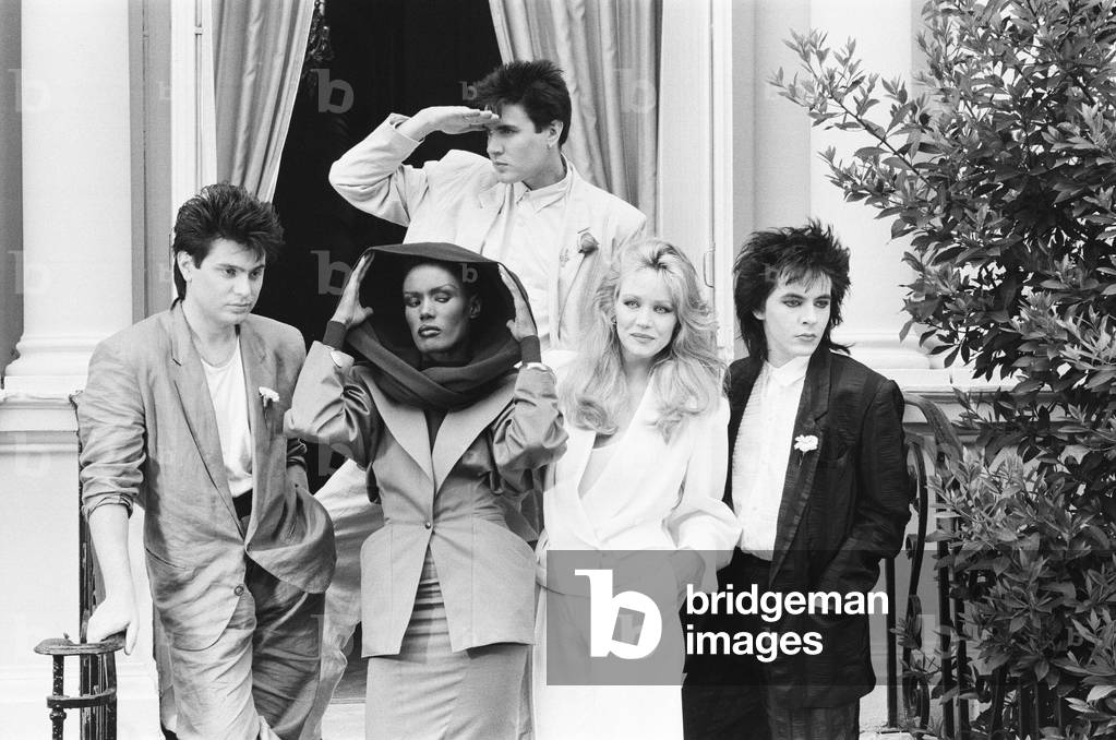Photo-call, A View to a Kill, new James Bond film, starring actresses Grace Jones and Tanya Roberts, with theme tune by music group Duran Duran, 13th June 1985 (b/w photo)
