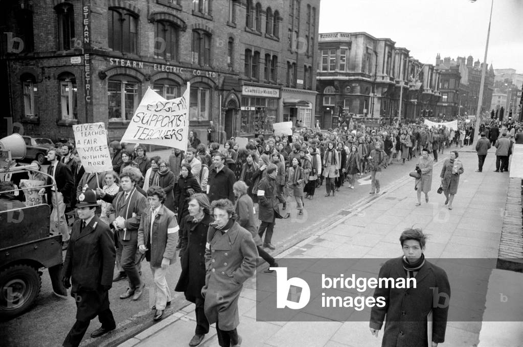 Demonstrations: Student teachers march through Liverpool centre in support of the teacher's strike and pay claim. December 1969