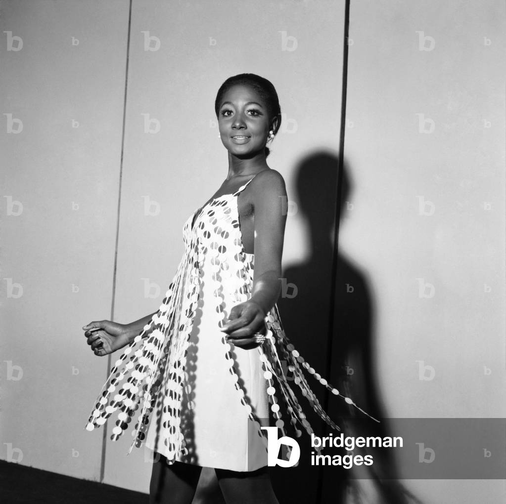 Fashion. Clothing: Tamara wearing a dress by Brenda Ring called Ecstatic, in dicel crepe with plastic strips, retailing at 35 guineas. November 1969