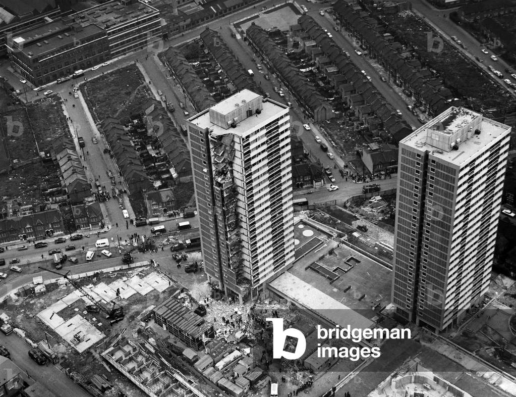Buildings Collapse. Aerial view of the scene of the collapsed flats at Beecher's-road, Newham, London on Thursday. 'The Drama of Ronan Point'. May 1968