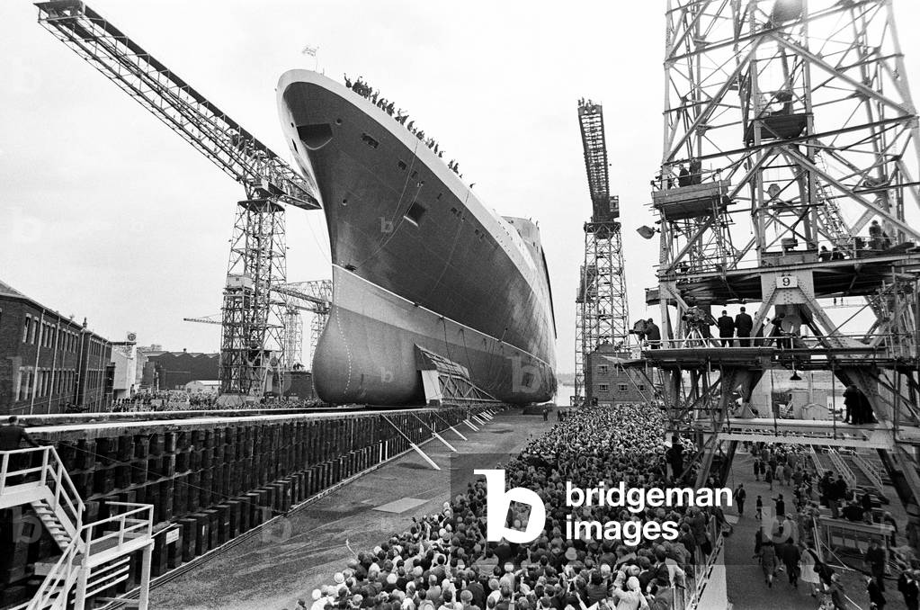 Queen Elizabeth II launching the Cunard Cruise Liner, The QE2 in the Clyde, 20th September 1967 (b/w photo)
