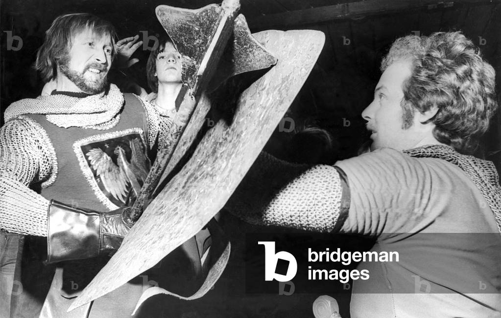 Bill Calvert and Ian Ericson of The Eagle Of The North Historical Group at a weekly training session in February 1977 (b/w photo)