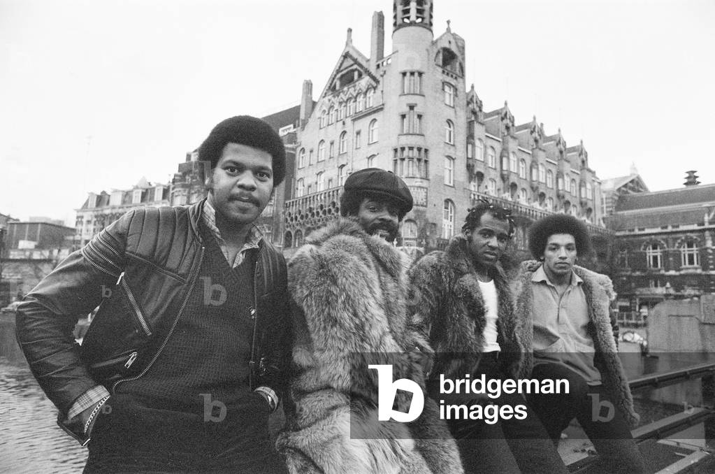 The Real Thing, British soul group from Liverpool, England, pictured in Amsterdam, Holland, 9th March 1979 (b/w photo)