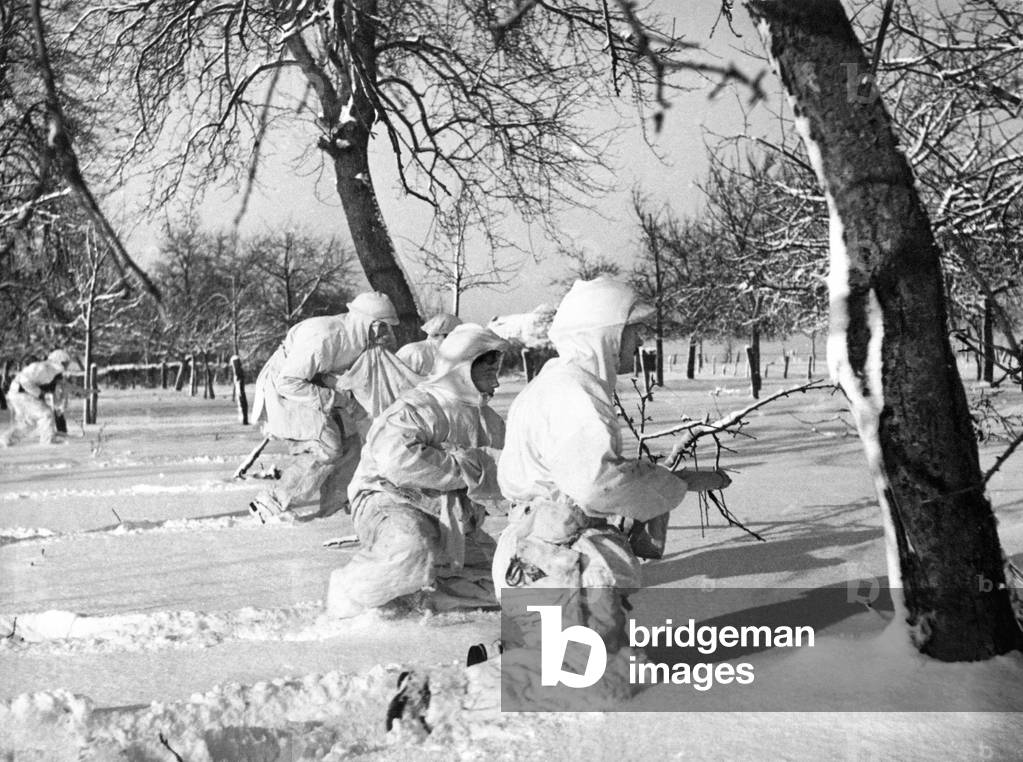 WW2 The White Patrol, British Recce Party in Germany very much on the alert in the Ardennes, January 1945 (b/w photo)