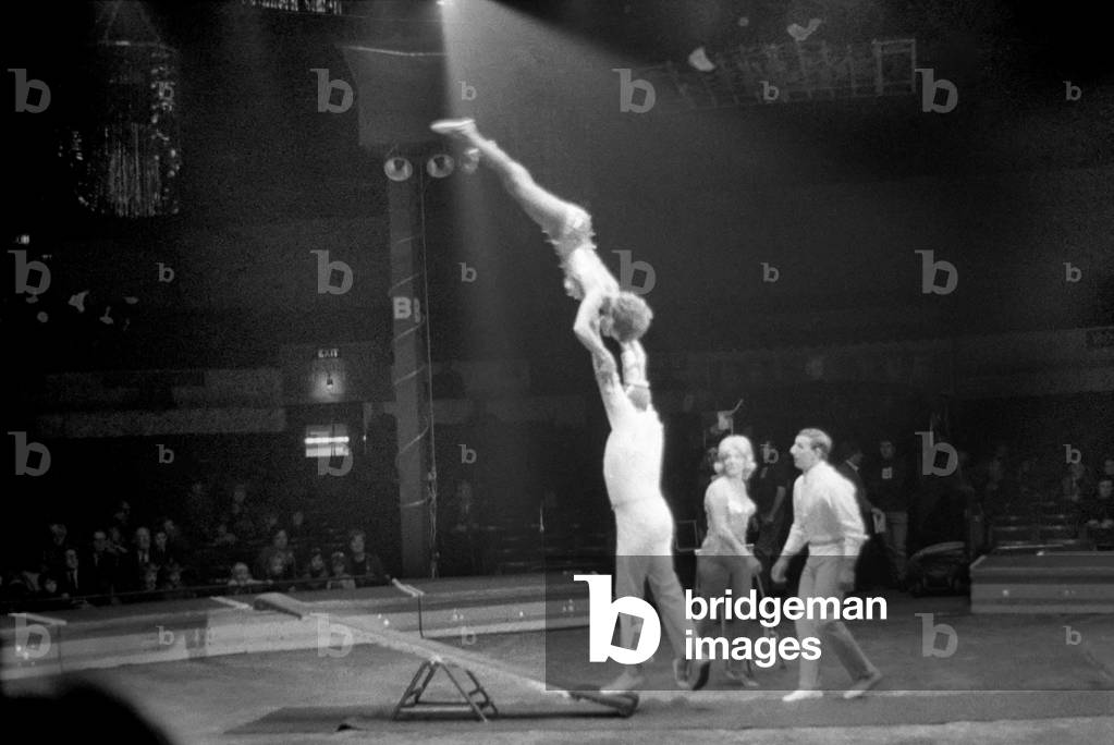 Grace and Poise demonstrated in the antics of the Sehlingloff Troupe during rehearsals yesterday for the Belle Vue, Manchester circus. December 1969