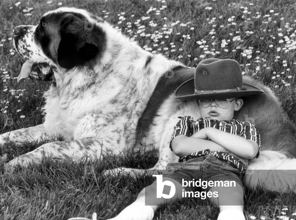 Oscar the St. Bernard and 6 year old David Barking, 22nd June 1979 (b/w photo)