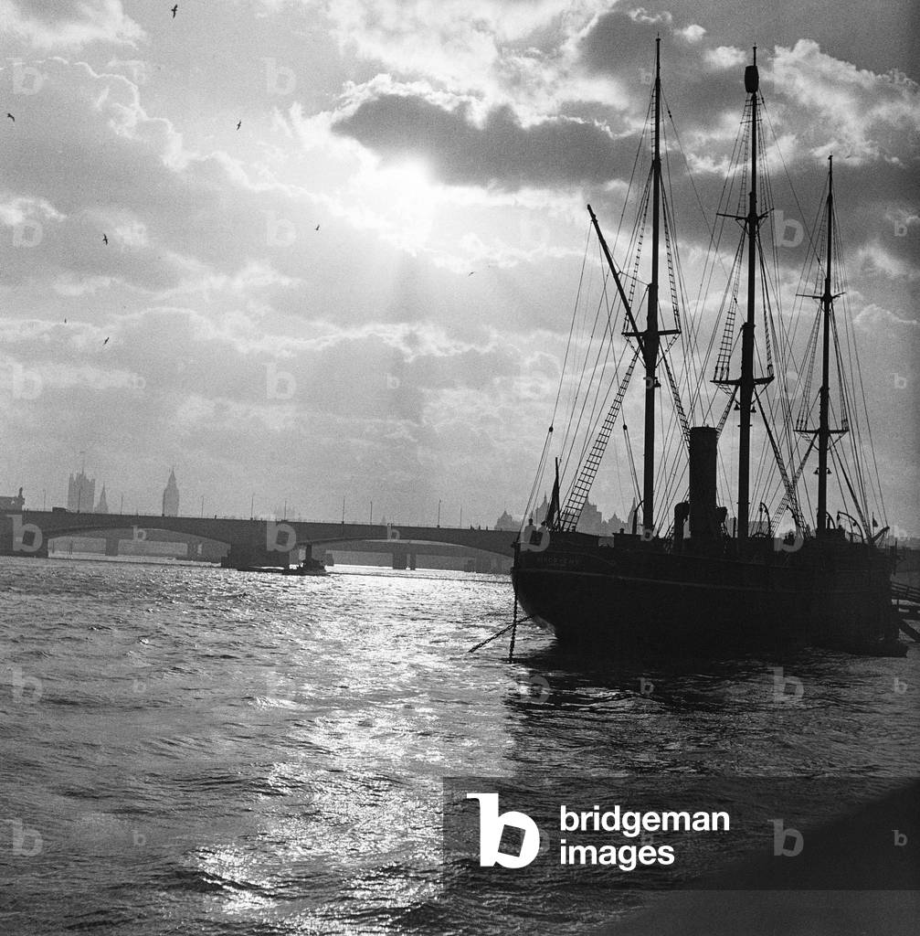 Discovery, Captian Scott's famous Antaric expedition ship is moored off Victoria Embankment c. 1947 (b/w photo)