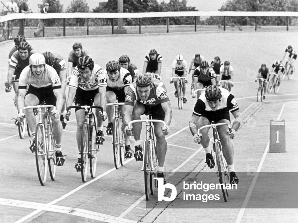 Cycle Racing at Clairville Stadium, Middlesbrough, 11th August 1977 (b/w photo)