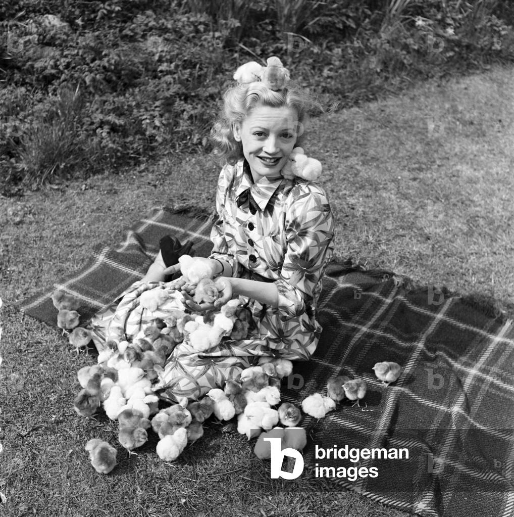 Actress Pat Dainton with Easter Chicks. April 1950 O23473-003