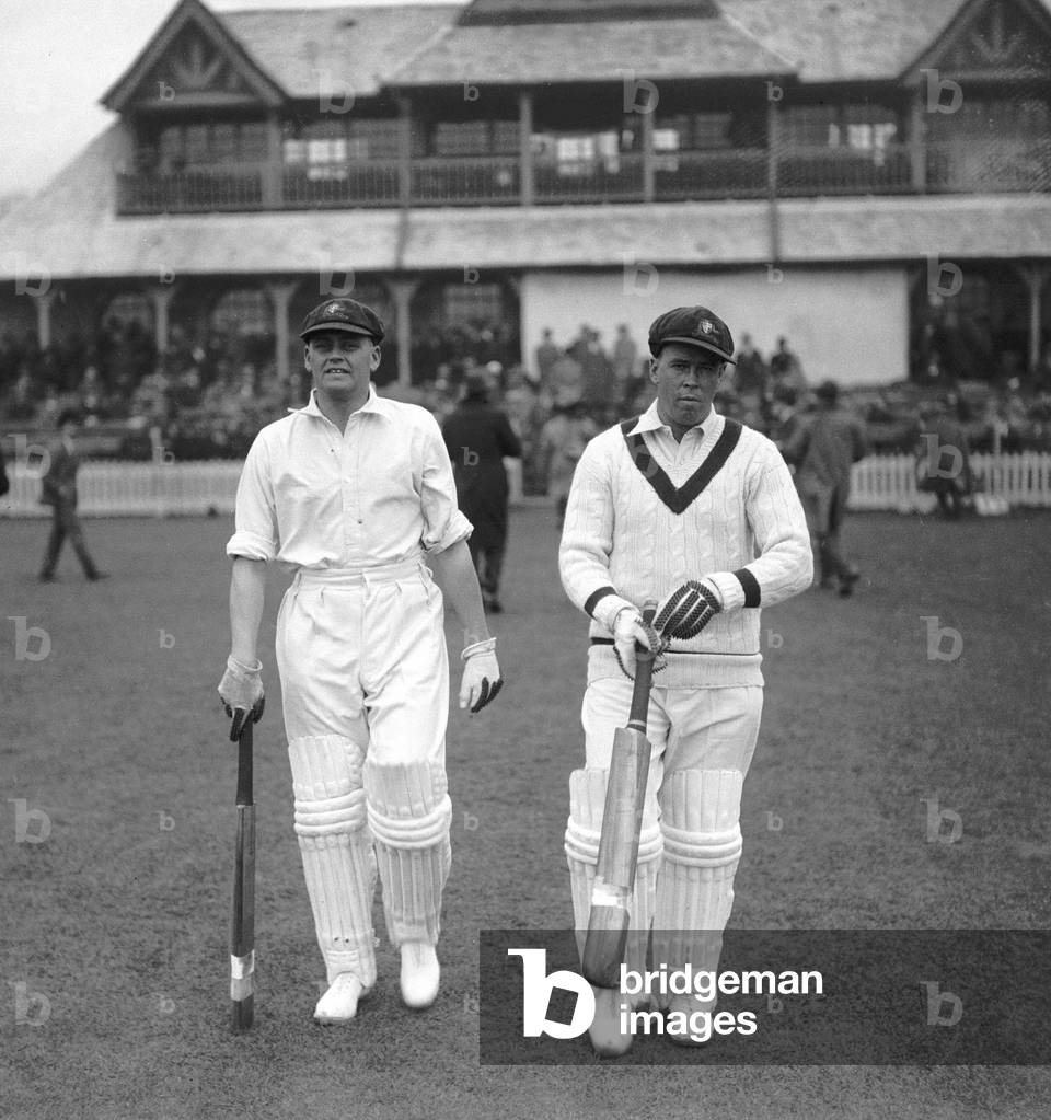 Essex v Australia. Bill Woodfull (l) and Bill Ponsford of Australia come out to open the batting, 7th May 1930 (b/w photo)