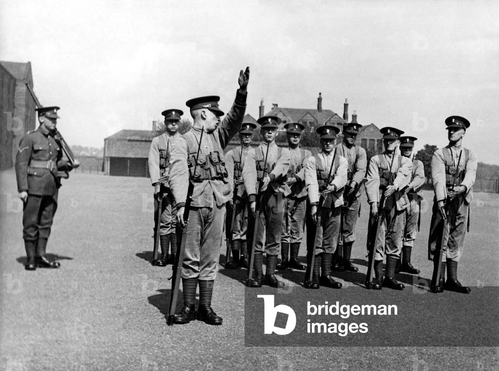 Second World War - British Army recruits take part in one of their first bayonet drills, 15th May 1938 (b/w photo)