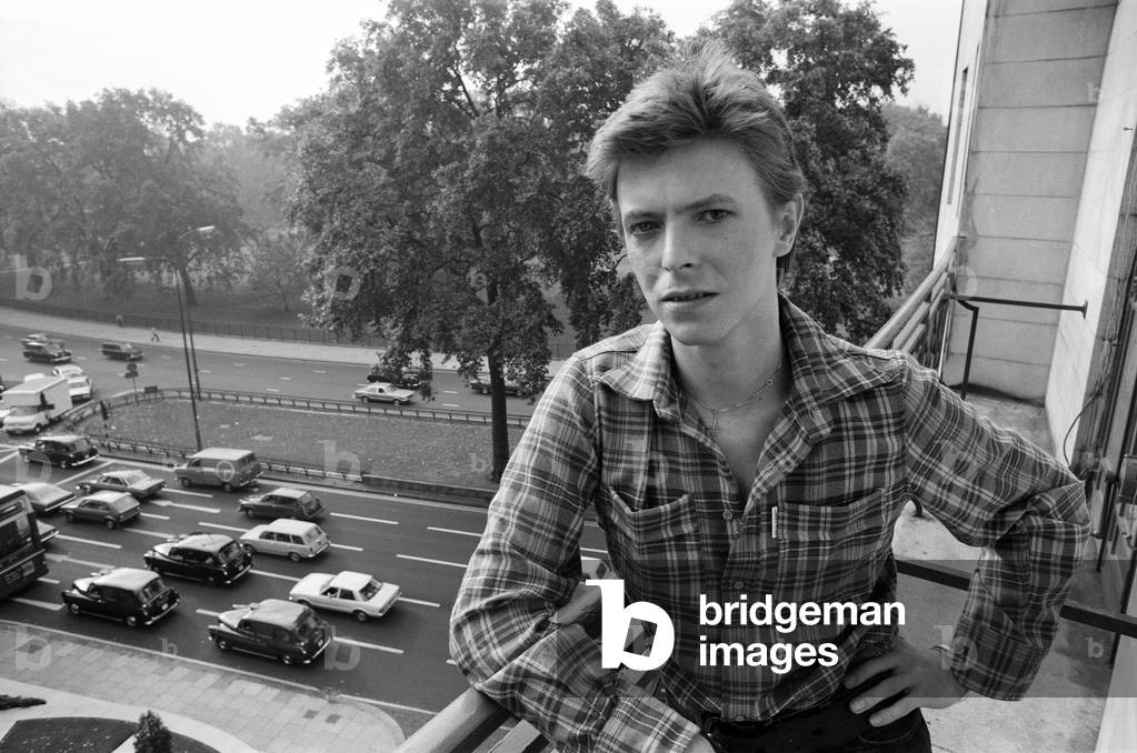 British pop singer David Bowie pictured at the Dorchester Hotel, London, 20th October 1977 (b/w photo)
