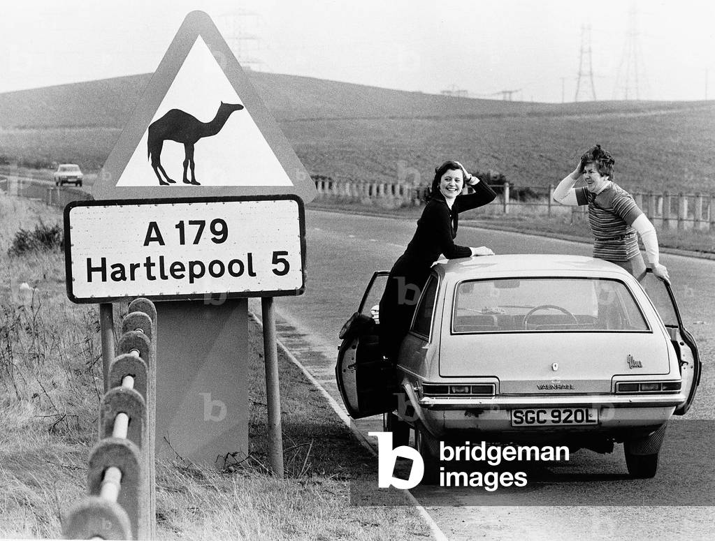 Road Sign of camels crossing here in Hartlepool. Were they are making signs for the desert state of Dubai. 1978