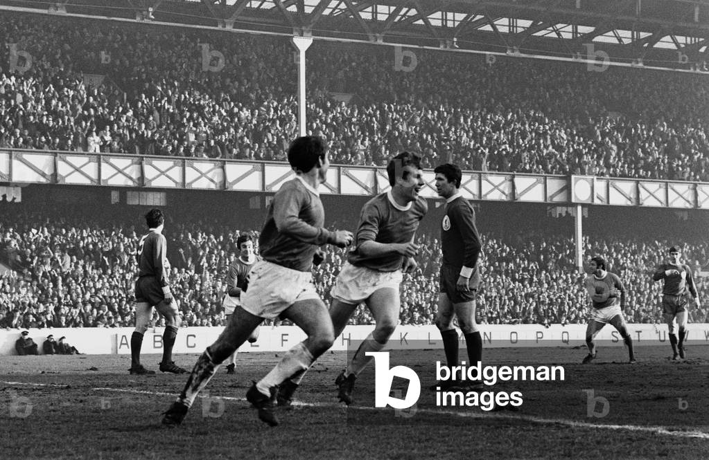 English League Division One match at Goodison Park. Everton 1 v Liverpool 0. Howard Kendall celebrates his goal with teammate Joe Royle. 3rd February 1968 (photo)