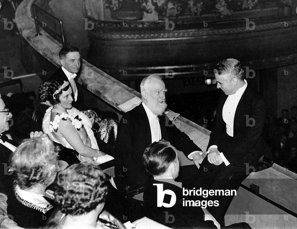 Charlie Chaplin with George Bernard Shaw and Lady Nancy Astor at the Dominion Theatre London for the premier of City Lights, 28th February 1931 (b/w photo)