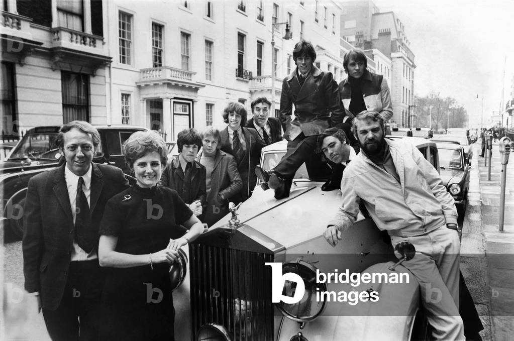 Robert Stigwood, extreme left, with some fellow directors of his new firm including the Bee Gees, Frankie Howerd, Beryl Virtue and writers Ray Galton and Alan Simpson, February 1968 (b/w photo)
