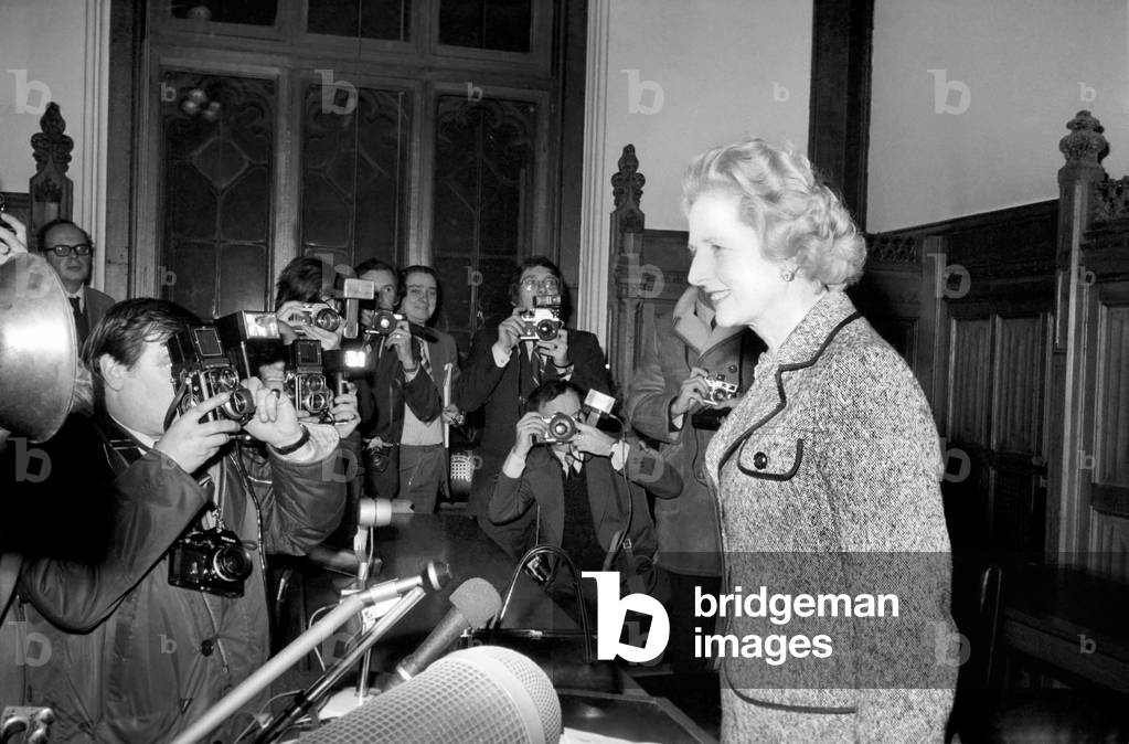 Challenger for leadership of the Conservative Party Margaret Thatcher arrives for a debate, 4th February 1975