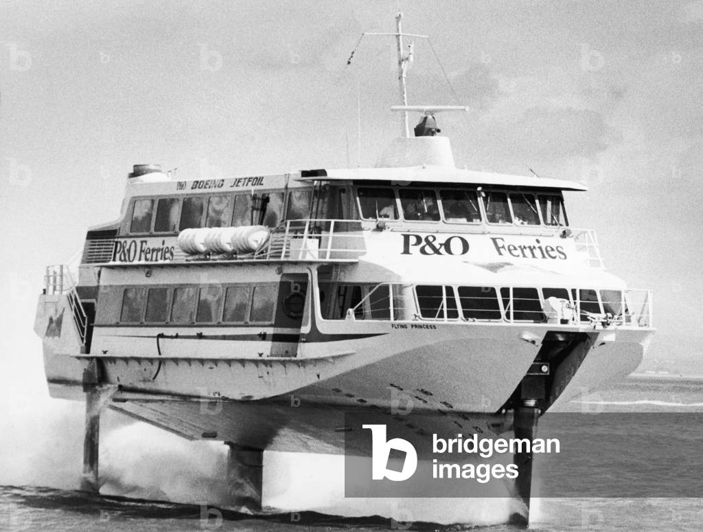 The new Boing Jetfoil being demonstrated at Southampton water, top speed 50mph. 29th April 1977 (b/w photo)