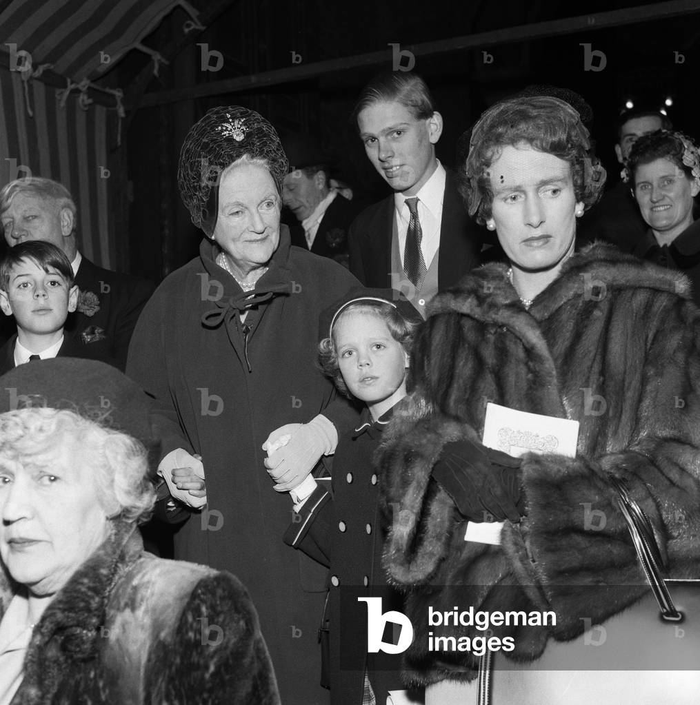 Lady Churchill and Emma Soames at the wedding of Richard Rhys and Lucy Rothenstein. 1959 (b/w photo)