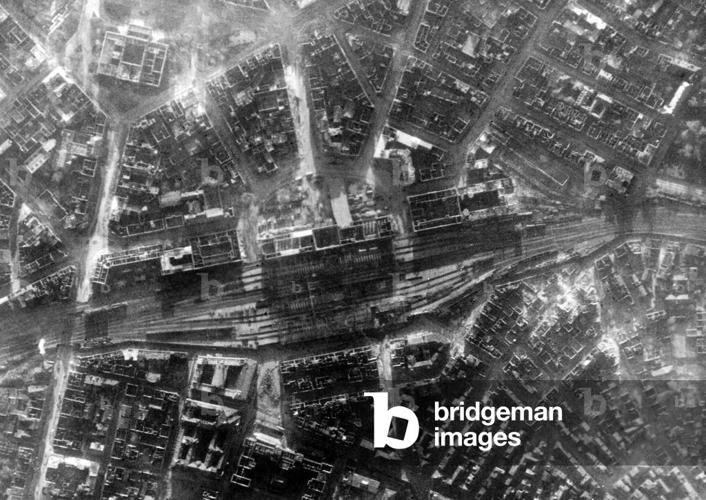 An aerial view showing the bomb damage in the German city of Hanover after an RAF bombing raid during World War Two. October 1943