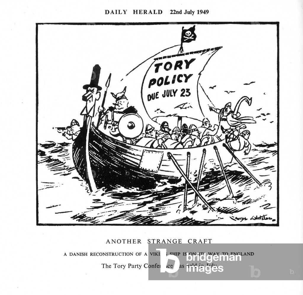 Another Strange Craft. A Danish reconstruction of a Viking ship is on its way to England. The Tory Party was held in July Daily Herald 22nd July 1949 (b/w photo)